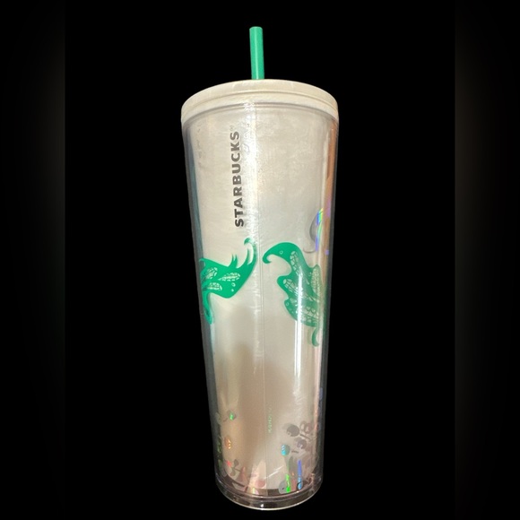 Starbucks Christmas White Green Holographic  Mermaid Straw Cold Cup 24oz - Picture 5 of 5